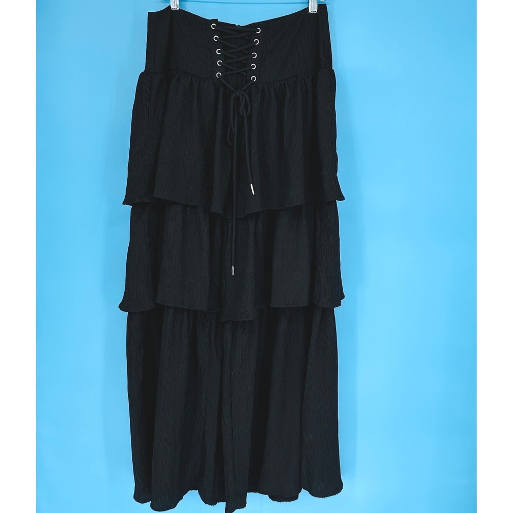 Cider‎ Black Tiered Ruffle Wide Leg Pants Lace Up Corset Front Size M
